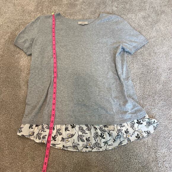 Loft Women's Short Sleeve Grey Sweater Blouse with Chiffon Ruffle Size M - Picture 7 of 8